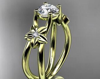 Flower Engagement Ring 1 Carat Round Lab Grown Diamond Nature Inspired Engagement Ring Unique Diamond Ring 14k Yellow Gold