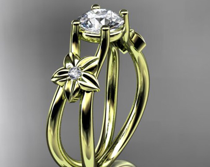 Flower Engagement Ring 1 Carat Round Lab Grown Diamond Nature Inspired Engagement Ring Unique Diamond Ring 14k Yellow Gold