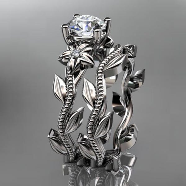 1 karaat ronde in het lab gekweekte bruidsset op de natuur geïnspireerde verlovingsring platina bloemenring set IGI-gecertificeerd