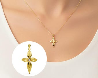 Nature Inspired Flower Cross Necklace Lab Grown Diamond Solid 14K Gold Cross Pendant Unique Flower Charm