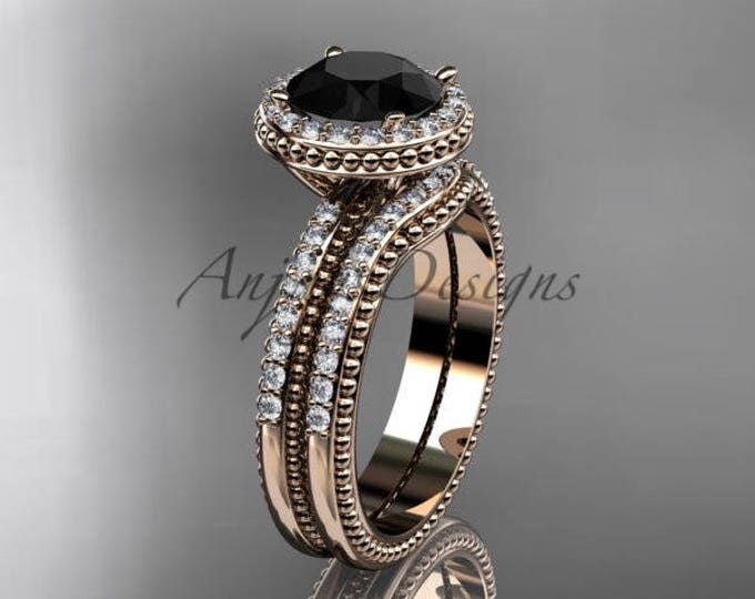 Halo Engagement Ring Set Black Diamond Ring 14k Rose Gold Bridal Set Diamond Wedding Band 1ct Round Black Diamond