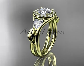 Yellow Gold 14k Leaf Engagement Ring Diamond Halo Wedding Ring