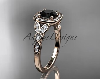 Halo Black Diamond Flower Engagement Ring 14k Rose Gold Unique Women's Wedding Bridal Ring For Her