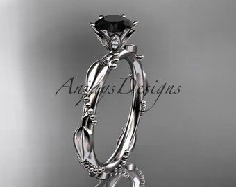 Unique Thin Black Diamond Engagement Ring 14k Solid Gold Nature Inspired Leaf Vine Wedding Ring Proposal Ring For Women