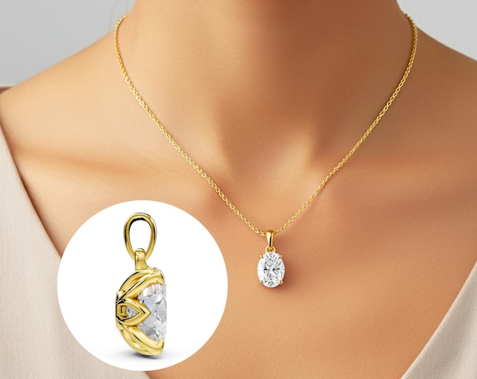 Oval Diamond Solitaire Pendant Nature Inspired Necklace Bridesmaid Pendant Solid 14K Gold Diamond Pendant Lab Grown Diamond
