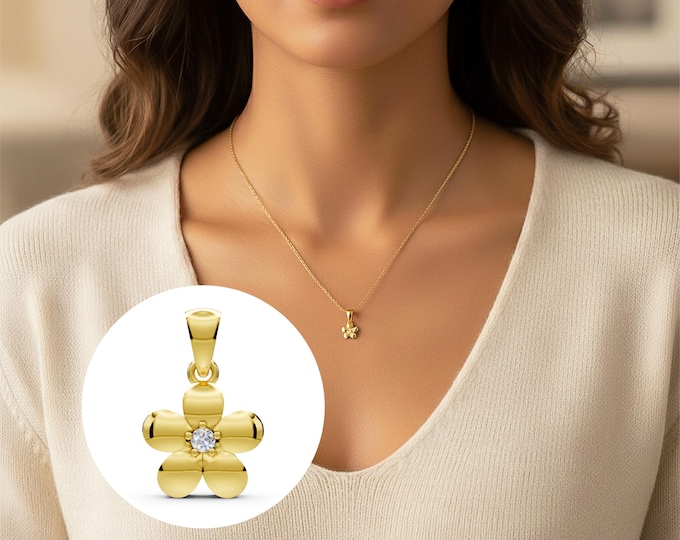 14K Yellow Gold Diamond Flower Necklace Lab Grown Diamond Charm Necklace Dainty Floral Pendant