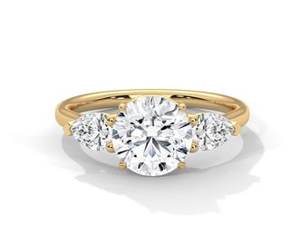 Three Stone Diamond Engagement Ring Round Cut Lab Grown Diamond VS1 E IGI Certified Pear Diamonds 14k Yellow Gold