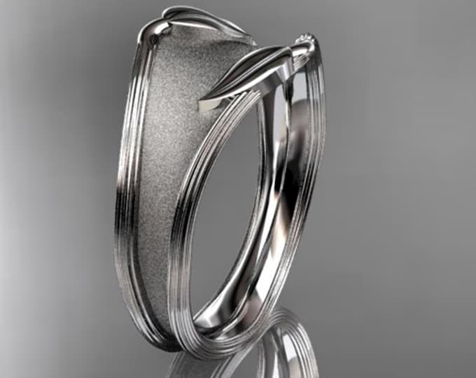 14k Matte White Gold Band Nature Inspired Women's Wedding Band Solid Gold Band Leaf Organic Design
