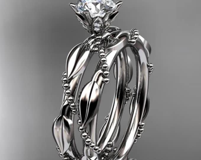 Nature Inspired Engagement Set 1 Carat Round Brilliant Lab Grown Diamond Twig Leaf CVD Diamond Ring