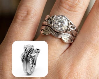 Diamond Celtic Engagement Ring Set Nature Inspired Wedding Ring 1 Carat Round Lab Grown Diamond IGI Certified