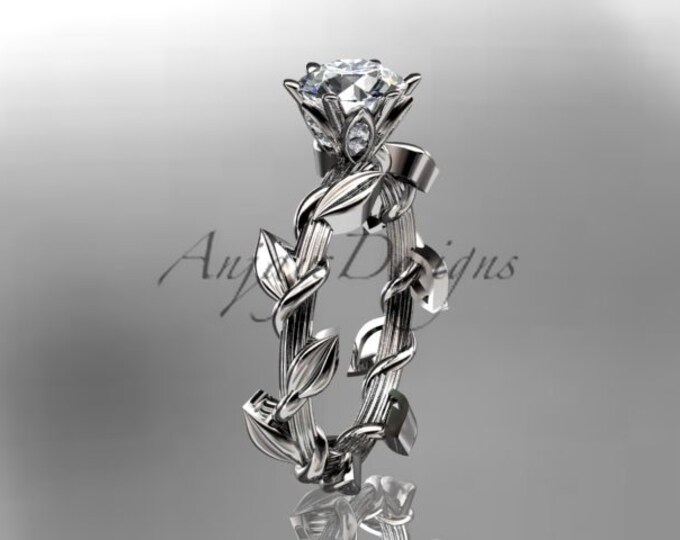 1 Carat Round Lab Grown Diamond Leaf and Vine Engagement Ring Unique Nature Inspired Diamond Ring 14k White Gold