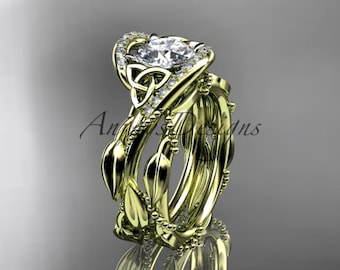 Diamond Celtic Bridal Set 1 Carat Lab Grown Diamond Wedding Ring 14k Yellow Gold Nature Inspired with a Matching Band