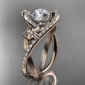 Nature Inspired Engagement Ring 1 Carat Round Lab Grown Diamond Ring CVD Diamond Flower Ring Floral Design 14k Rose Gold