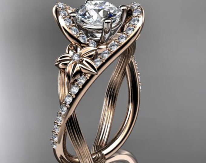 Nature Inspired Engagement Ring 1 Carat Round Lab Grown Diamond Ring CVD Diamond Flower Ring Floral Design 14k Rose Gold Diamond Ring