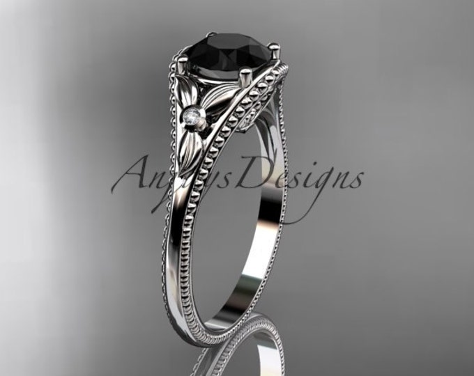 Solitaire Black Diamond Engagement Ring 14k White Gold Nature Inspired Flower Women's Wedding Ring