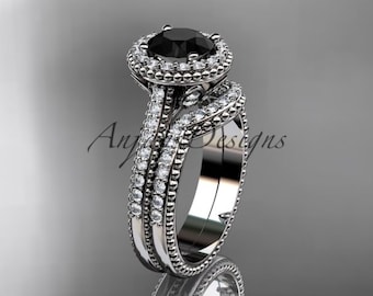 Art Deco Black Diamond Engagement Ring Set Platinum Wedding Ring Bridal Set