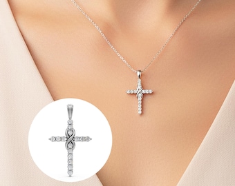 Unique Diamond Cross Charm 14K White Gold Cross Necklace Lab Grown Diamond Everyday Cross Charm
