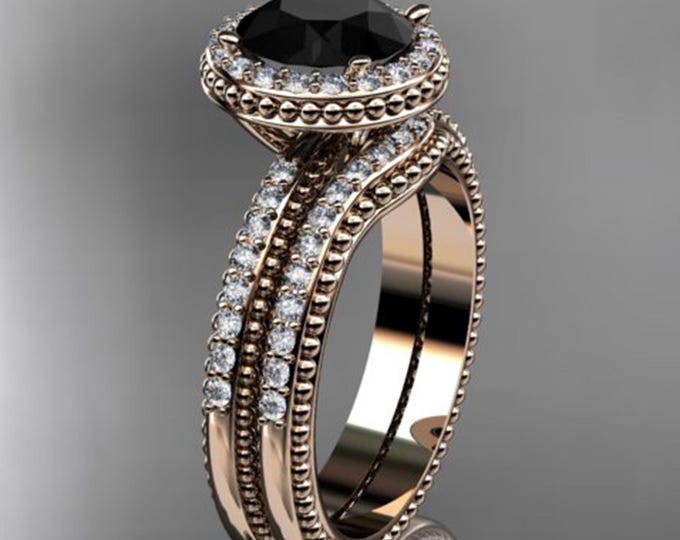 Black Diamond Halo Engagement Ring Set 14k Rose Gold Diamond Bridal Set Unique Beaded Design with Diamond Matching Band