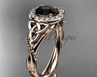 Celtic Engagement Ring 1 Carat Black Diamond Ring 14k Rose Gold Nature Inspired Diamond Halo Ring