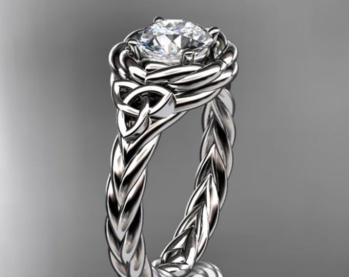 14K White Solid Gold Twisted Band Rope Wedding Ring Celtic Round Lab Grown Diamond Solitaire Engagement Ring