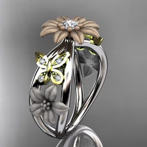 Nature Inspired Diamond Leaf Floral Engagement Ring Sunflower Design Butterfly Wedding Ring Gold 14k Solid Gold IGI Certified