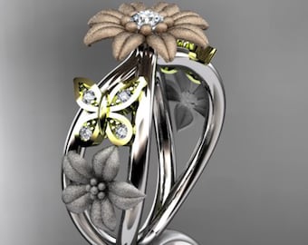 Nature Inspired Diamond Leaf Floral Engagement Ring Sunflower Design Butterfly Wedding Ring Gold 14k Solid Gold IGI Certified