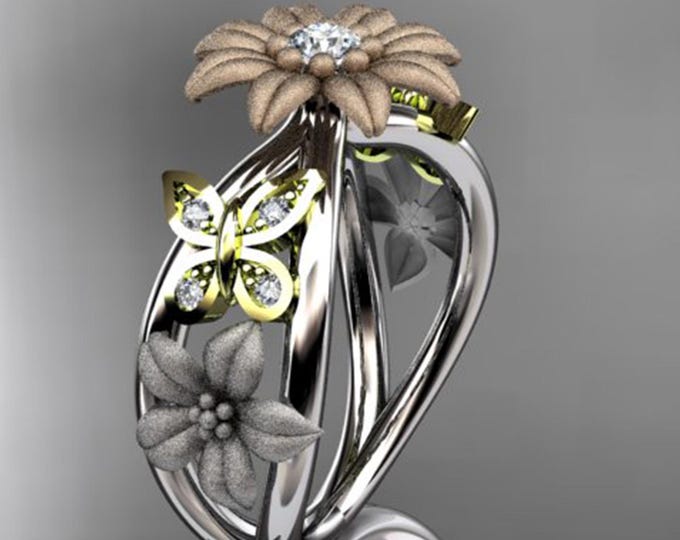 Nature Inspired Diamond Leaf Floral Engagement Ring Sunflower Design Butterfly Wedding Ring Gold 14k Solid Gold IGI Certified