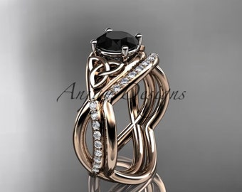 Celtic Trinity Knot Black Diamond Engagement Ring Set 14k Rose Gold Bridal Set