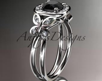 Butterfly Black Diamond Engagement Ring 14k White Gold Diamond Halo Wedding Ring