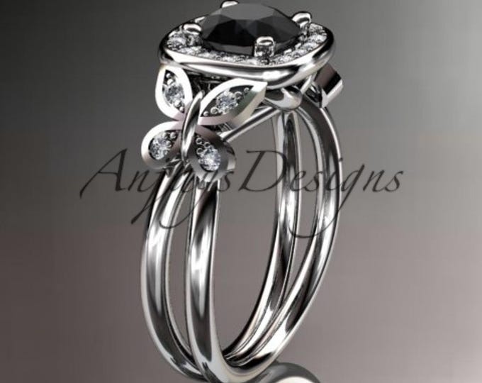 Butterfly Black Diamond Engagement Ring 14k White Gold Diamond Halo Wedding Ring