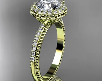 2 Carat Round Lab Grown Diamond Halo Engagement Ring Unique Halo Milgrain 14k Yellow Gold