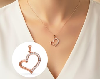 14k Solid Gold Diamond Heart Pendant Necklace Dainty Charm Lab Grown Diamond