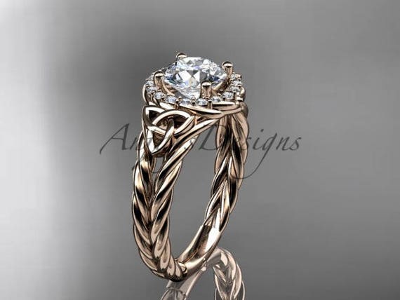 Twisted Rope Halo Engagement Ring 14k Rose Gold Celtic Trinity