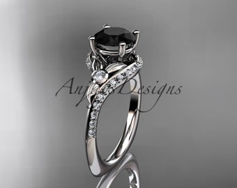 Round Cut Black Diamond Engagement Ring 14k White Gold Unique Bridal Ring