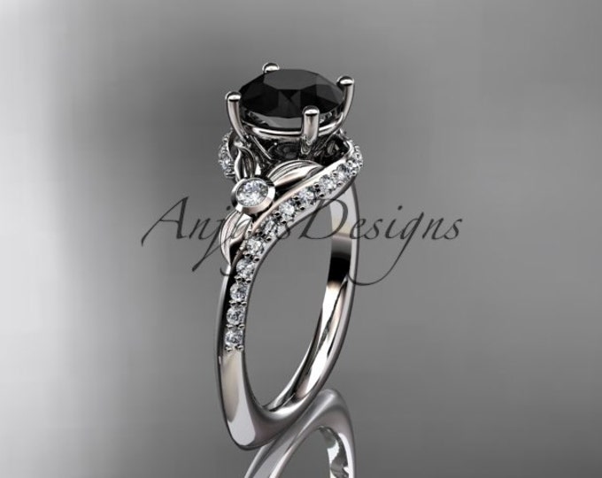 Round Cut Black Diamond Engagement Ring 14k White Gold Unique Bridal Ring
