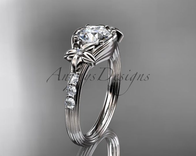 1 Carat Round D VS1 Lab Grown Diamond Nature Inspired Ring Diamond Flower Accent Engagement Ring 14k Gold