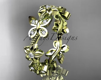 14kt Yellow Gold Diamond Floral butterfly Wedding Ring - Engagement Ring - Wedding band
