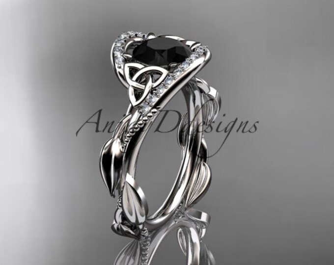Engagement Ring with Round Cut Black Diamond Platinum Celtic Knot Triquetra Leaf Vine Wedding Ring