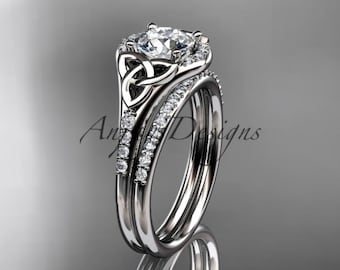 Irish Celtic Wedding Ring Set 14k White Gold Trinity Knot Moissanite Engagement Ring For Her