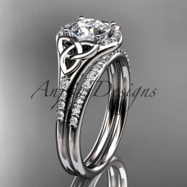 Irish Celtic Wedding Ring Set 14k White Gold Trinity Knot Moissanite Engagement Ring For Her