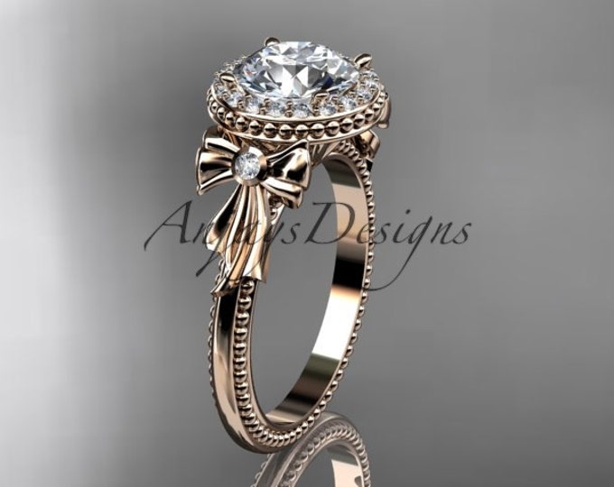1.5 Carat Round Cut Lab Grown Unique Diamond Ring Halo Engagement Ring 14k Rose Gold Bow Tie Ring