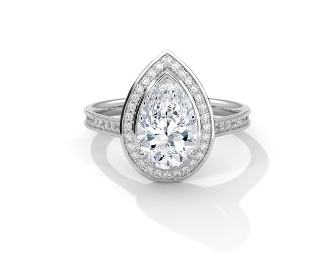 2 Carat Pear Cut Diamond Engagement Ring Halo Pear Shape Lab Grown Diamond Ring 14K Gold Pear Engagement Ring