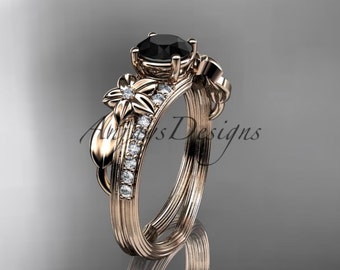 Unique Black Diamond 14k Engagement Ring Rose Gold Nature Inspired Flower Wedding Bridal Ring For Women