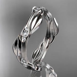 14k White Gold Leaf Wedding Band Nature Inspired Ring Leaf and Vine Diamond Ring Botanical Jewelry