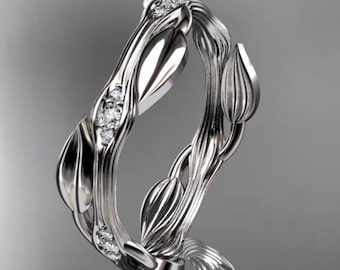 14k White Gold Leaf Wedding Band Nature Inspired Ring Leaf and Vine Diamond Ring Botanical Jewelry