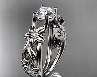 Unique Diamond Flower Engagement Ring Floral Wedding Ring 14k White Gold Engagement Ring Nature Inspired 1 Carat Lab Grown Diamond
