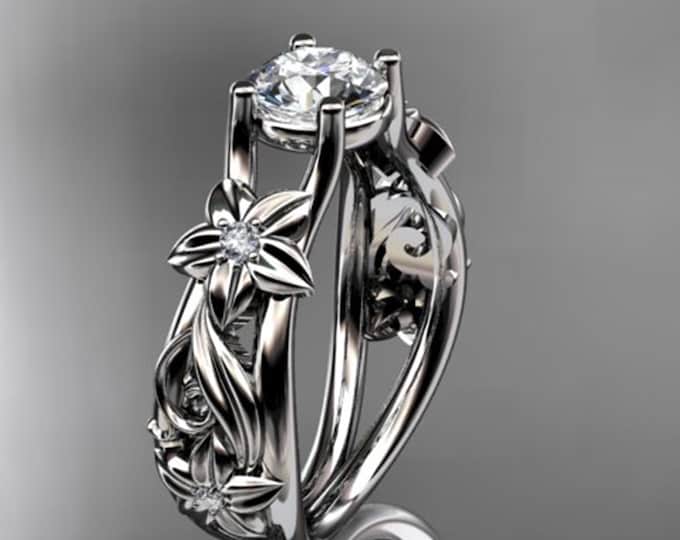 Unique Diamond Flower Engagement Ring Floral Wedding Ring 14k White Gold Engagement Ring Nature Inspired 1 Carat Lab Grown Diamond