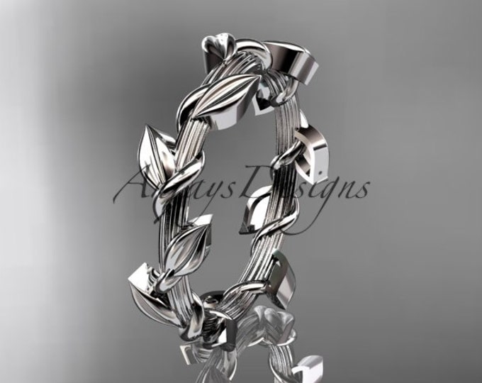 Leaf and Vine Band Nature Inspired 14k White Gold Wedding Band Stackable Ring