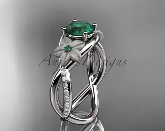 Flower Engagement Ring 1 CT Round Emerald 14k White Gold Nature Inspired Ring