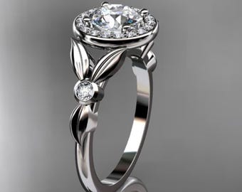 Round Lab Diamond Halo Engagement Ring 1 CT Diamond IGI Certified Leaf Wedding Ring Nature Inspired